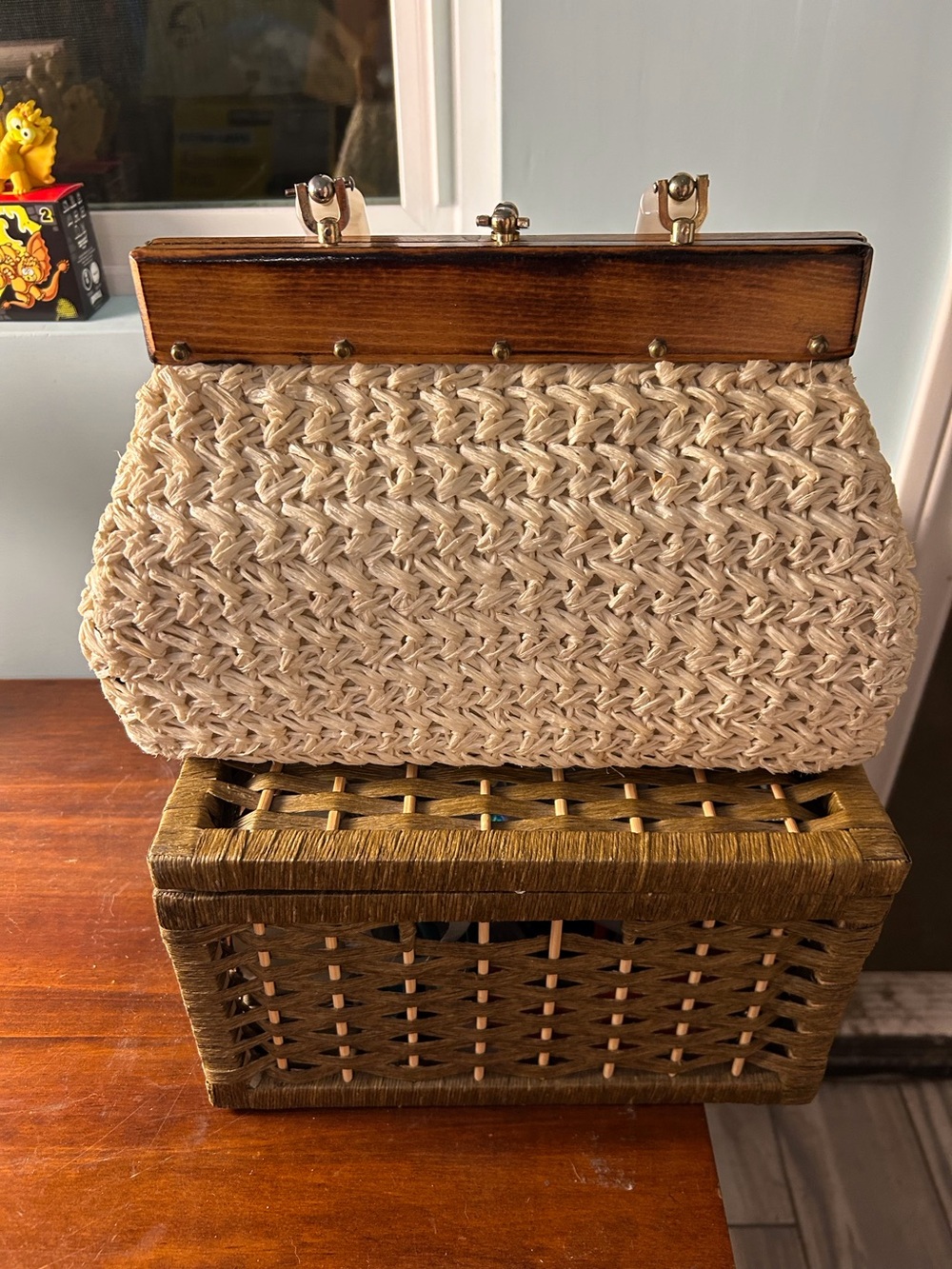 Gaymode Vintage Woven Straw Handbag Faux MOP Handle & Studs Wooden & Metal Frame